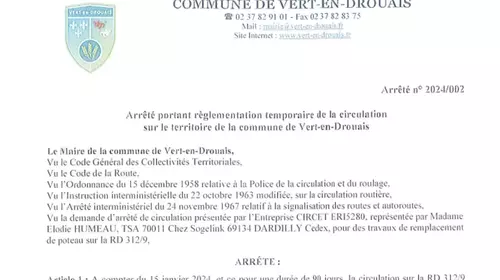 Arrêté portant réglementation temporaire de la circulation sur le territoire de la commune de Vert-en-Drouais