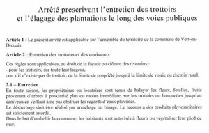 Arrêté municipal  prescrivant l'entretien des trottoirs et l'élagage  le long des voies de la commune