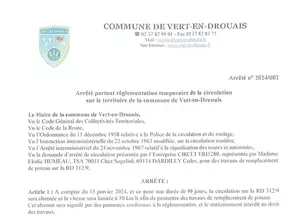 Arrêté portant réglementation temporaire de la circulation sur le territoire de la commune de Vert-en-Drouais