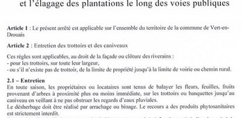 Arrêté municipal  prescrivant l'entretien des trottoirs et l'élagage  le long des voies de la commune